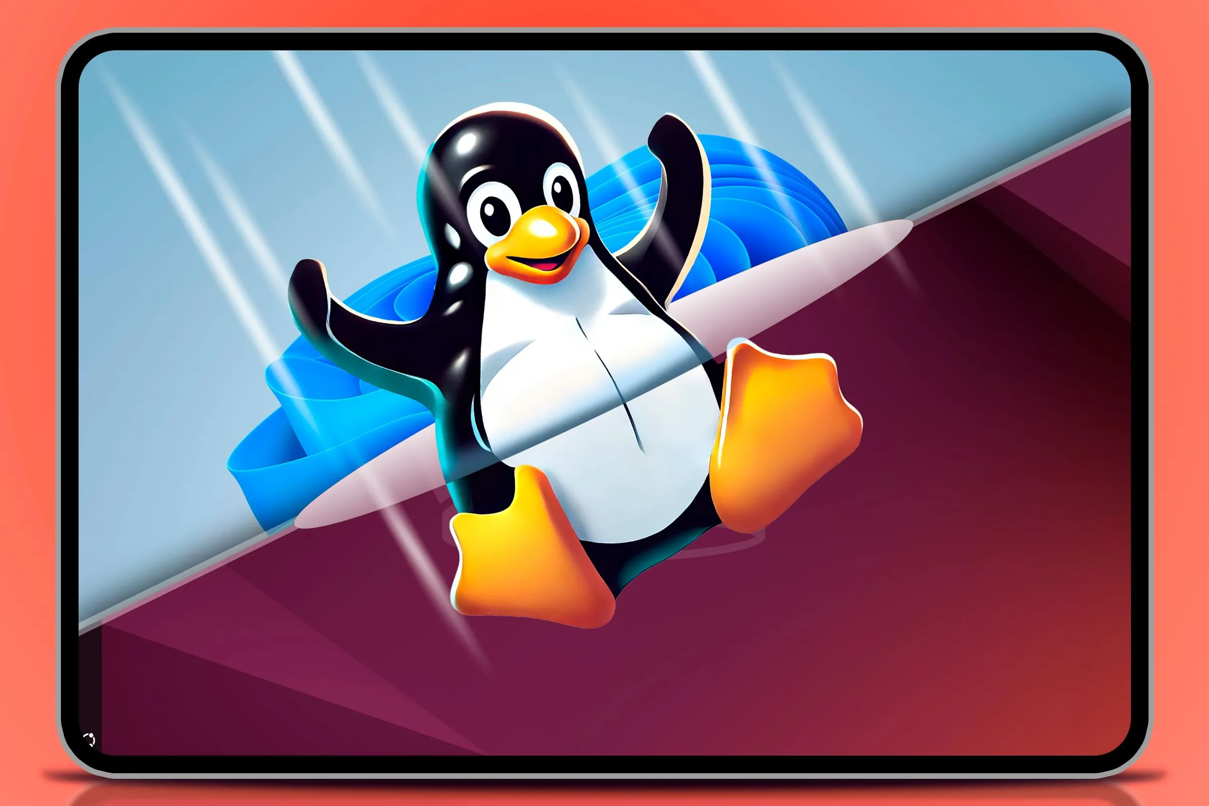 Linh vật Tux của Linux nhảy từ cửa sổ Windows sang biểu tượng Linux, tượng trưng cho việc chuyển đổi hệ điều hành