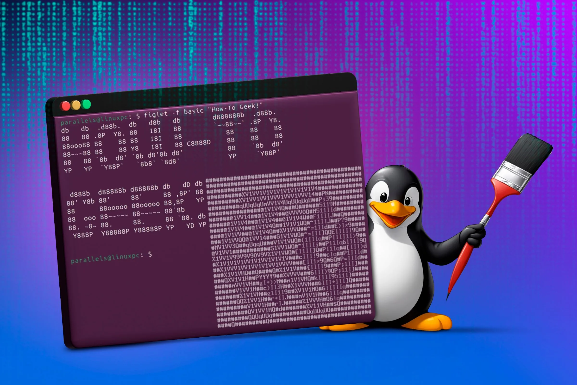 Linh vật Tux của Linux với cọ vẽ trên màn hình terminal, thể hiện sự linh hoạt tùy biến giao diện desktop Linux