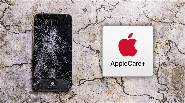 Logo AppleCare+ bên cạnh một chiếc điện thoại bị nứt màn hình, gợi ý về lợi ích bảo vệ thiết bị trong gói Apple One