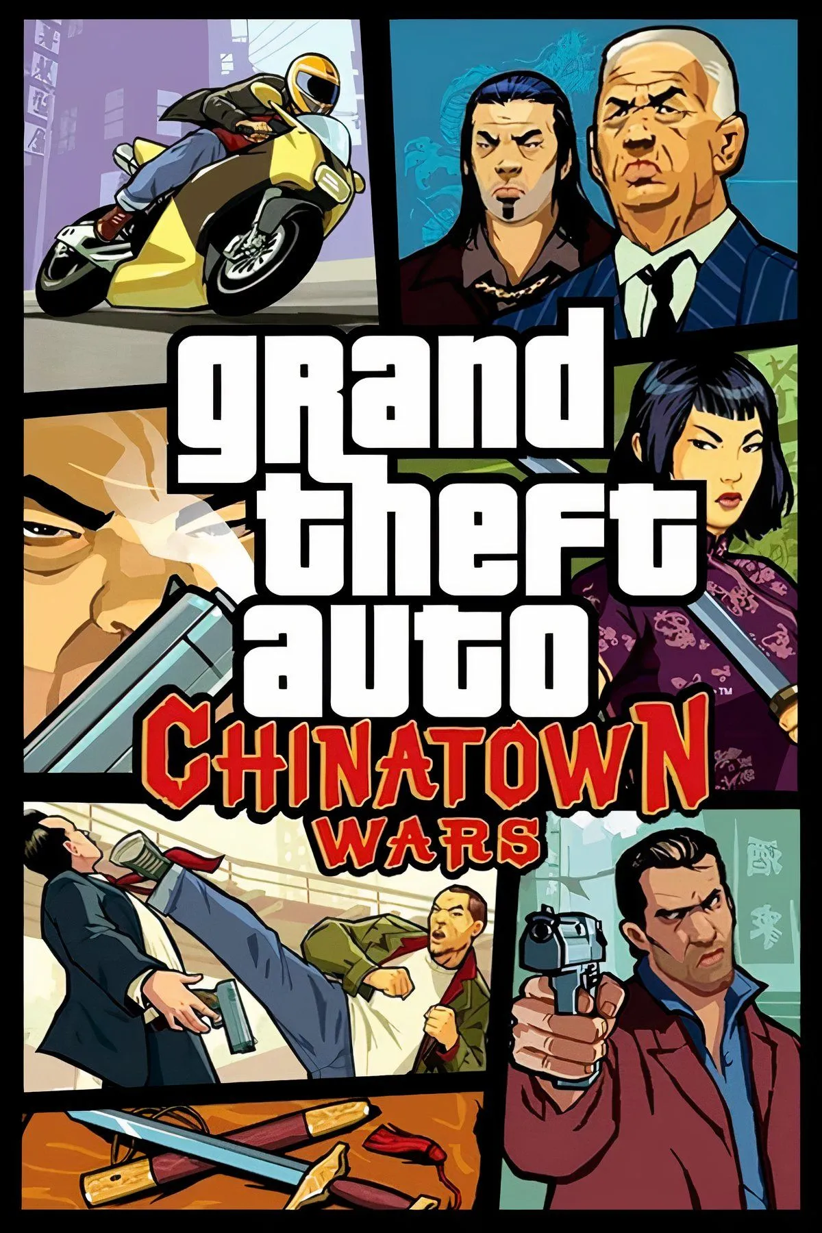Logo Grand Theft Auto: Chinatown Wars với phông chữ kiểu Trung Quốc và hình ảnh một con rồng uốn lượn