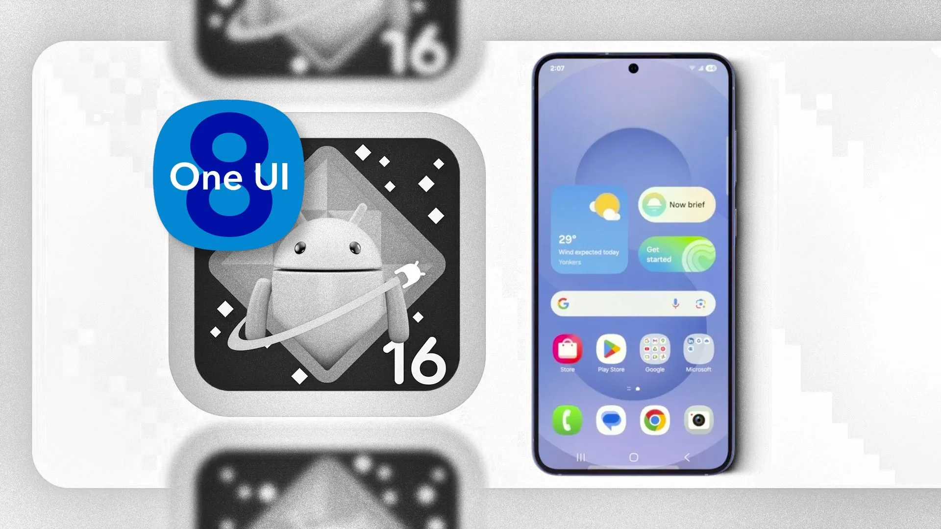 Logo One UI 8 và Android 16 cạnh điện thoại Samsung, biểu trưng cho sự kết hợp và cải tiến giao diện