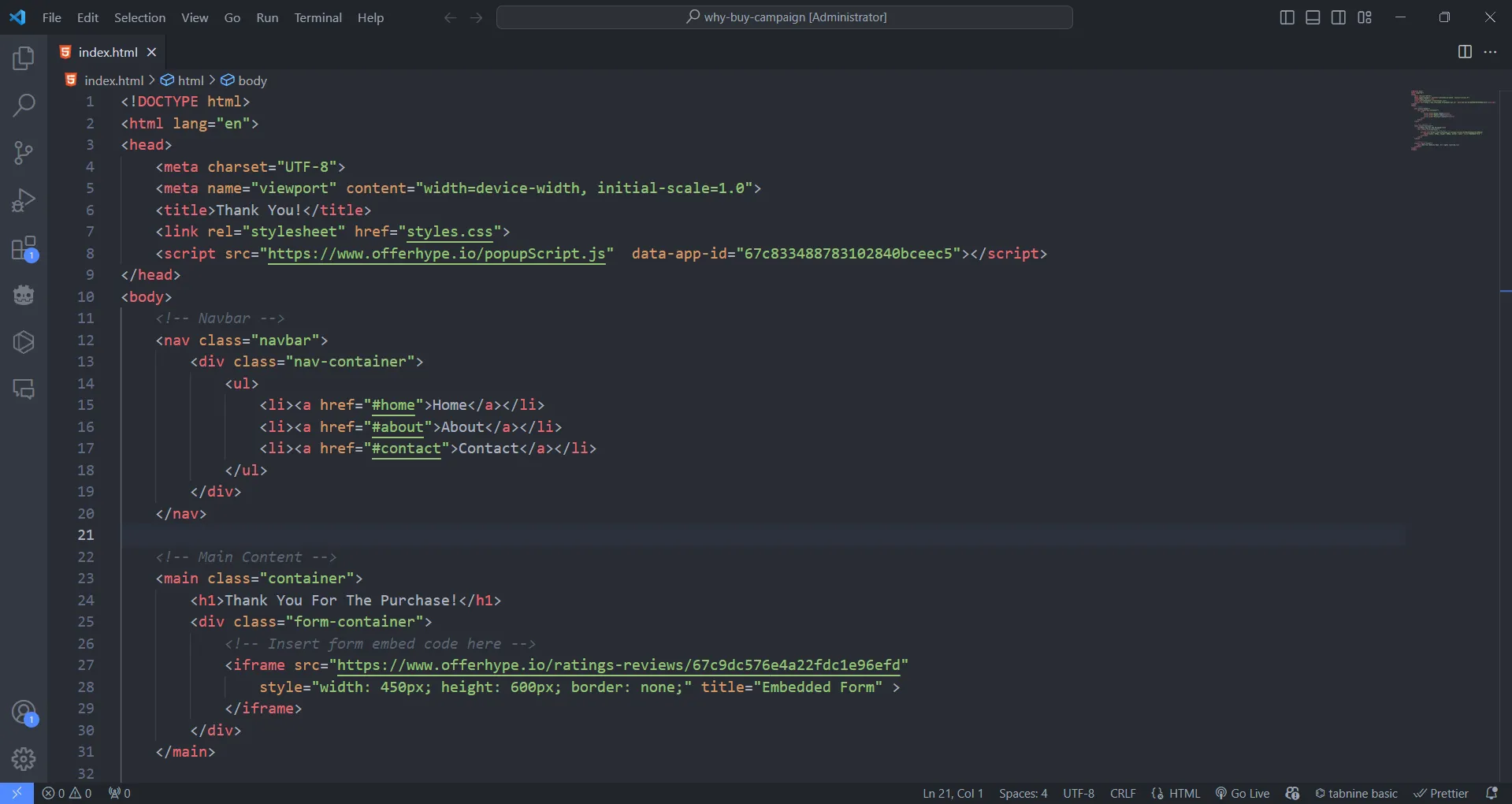 Mã HTML được hiển thị trong giao diện VS Code