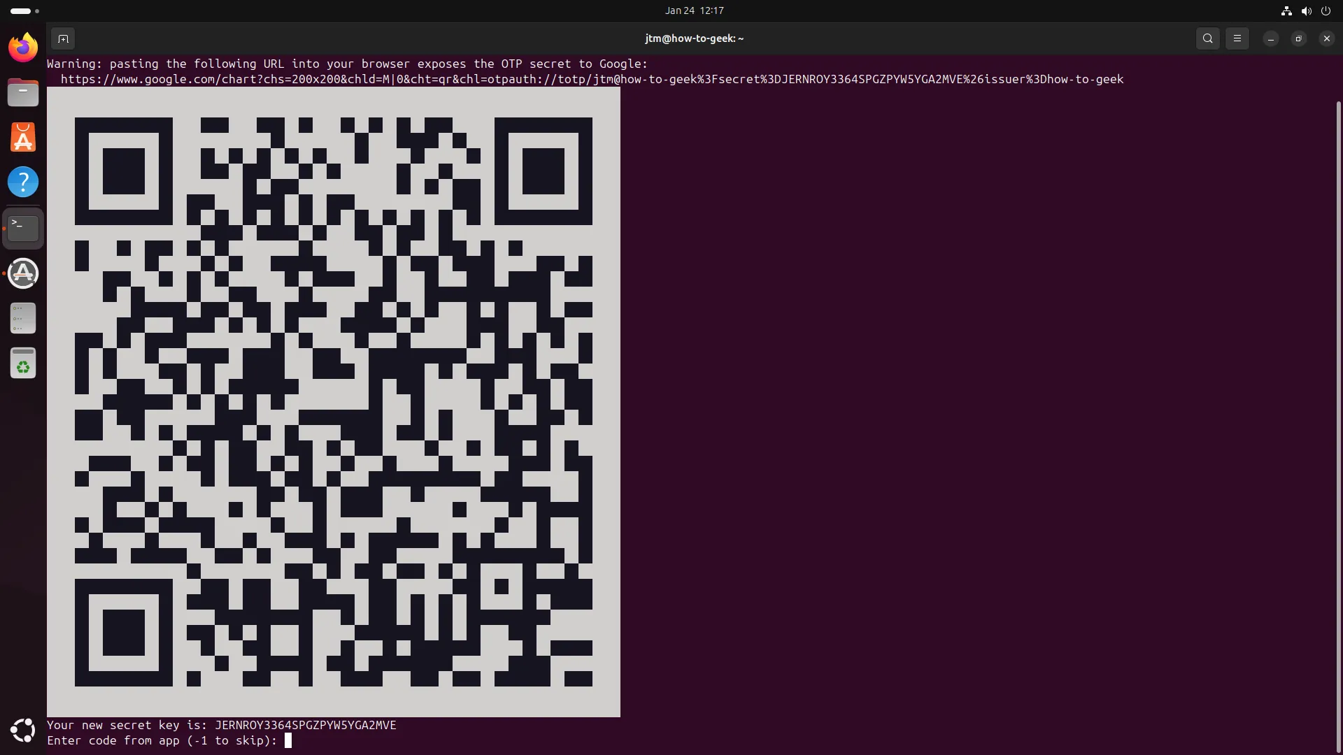 Mã QR của Google Authenticator hiển thị trong terminal Ubuntu để thiết lập xác thực 2FA