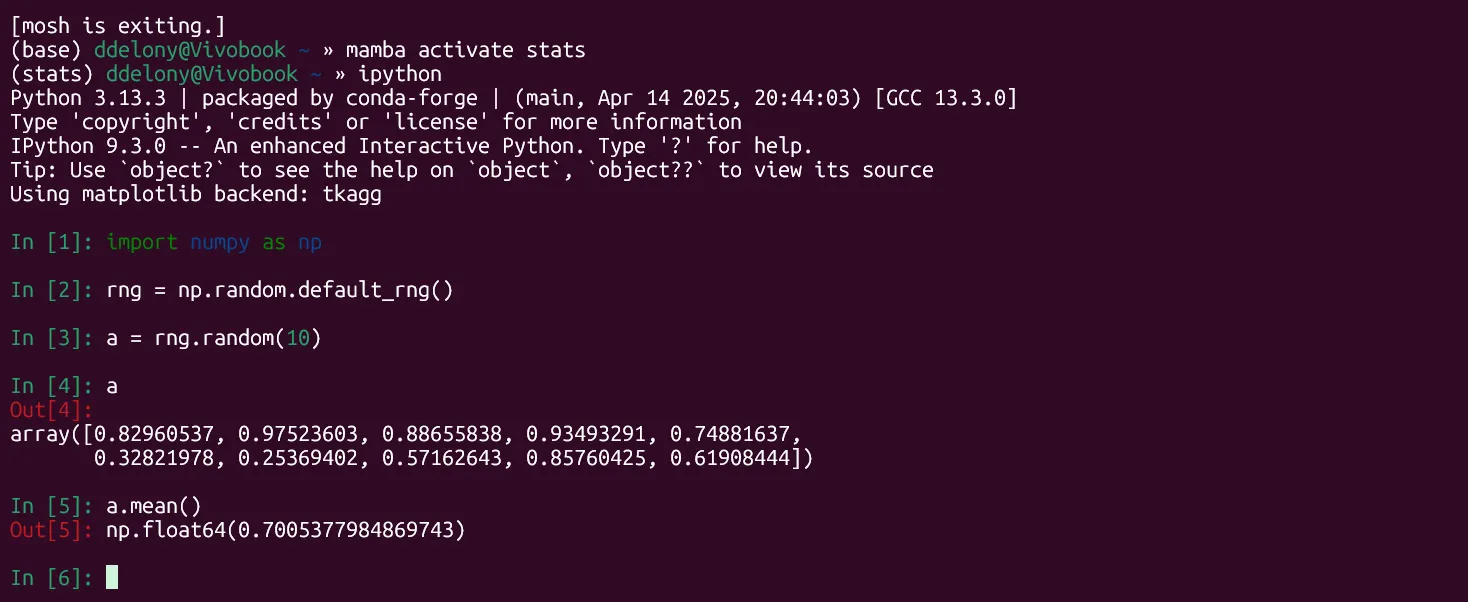Mamba, NumPy và iPython session tạo mảng số ngẫu nhiên và tính giá trị trung bình trong terminal Linux.