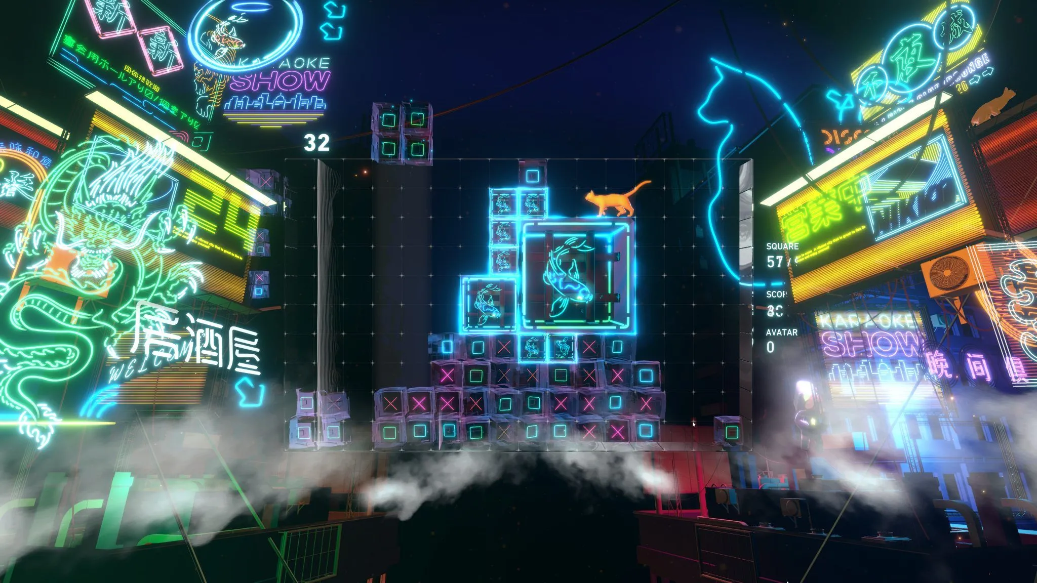 Màn chơi thành phố Trung Quốc với đèn neon và mèo trong game giải đố âm nhạc Lumines Arise.