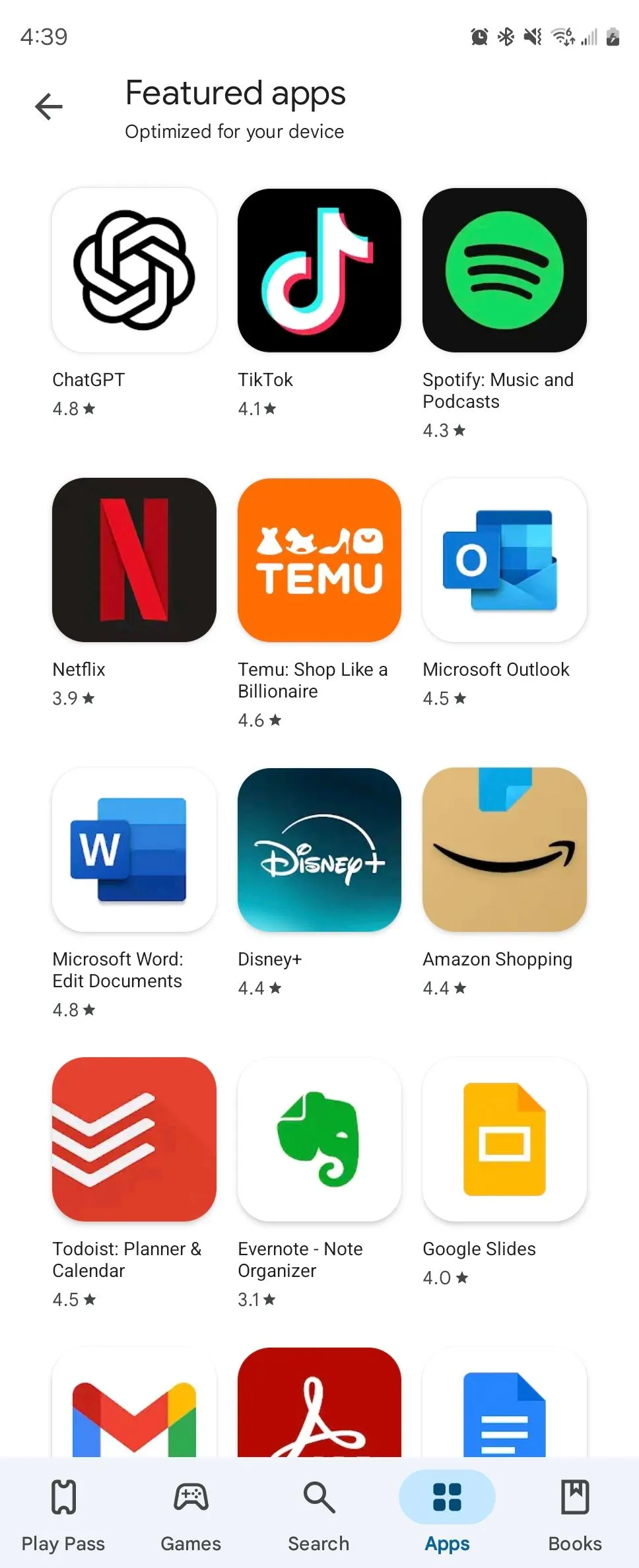 Màn hình các ứng dụng nổi bật trên Google Play Store, bao gồm các thương hiệu lớn.