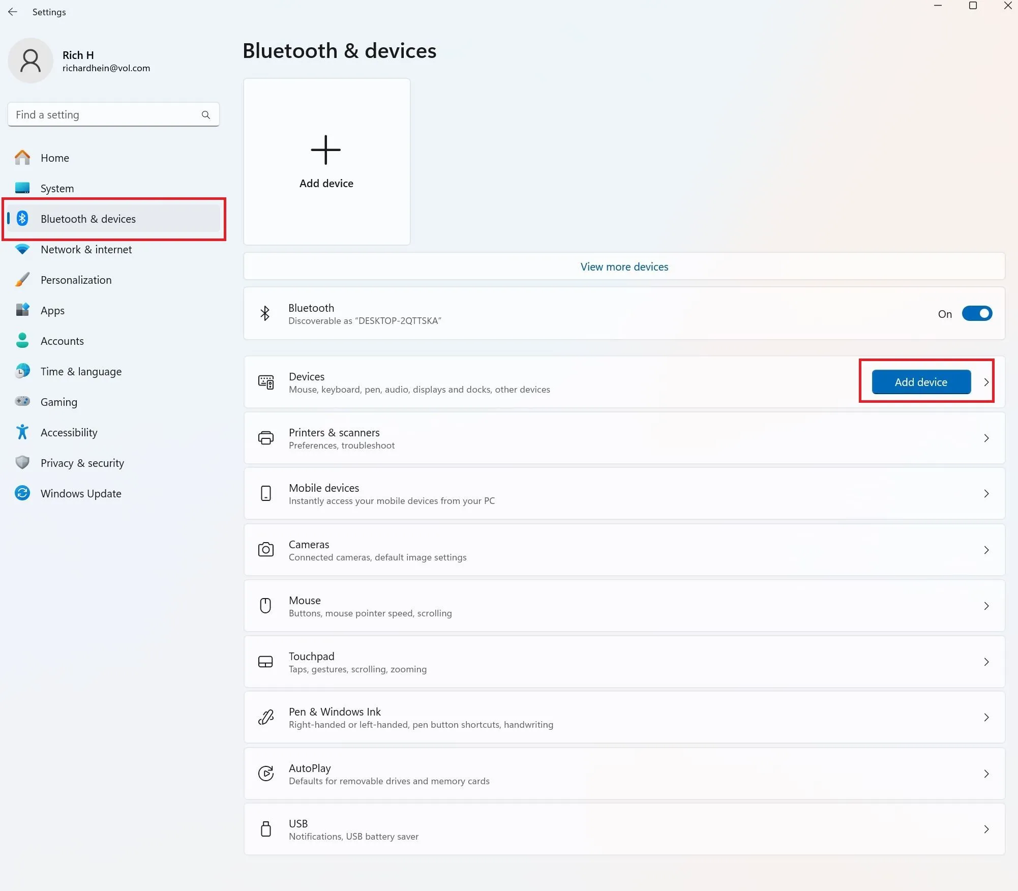 Màn hình cài đặt Bluetooth và thiết bị của Windows, nhấn vào nút &quot;Thêm thiết bị&quot;