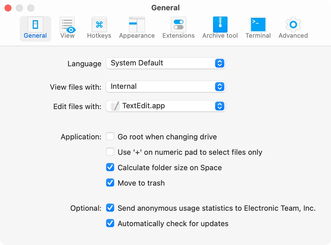 Màn hình cài đặt tùy chỉnh của ứng dụng Commander One trên macOS.