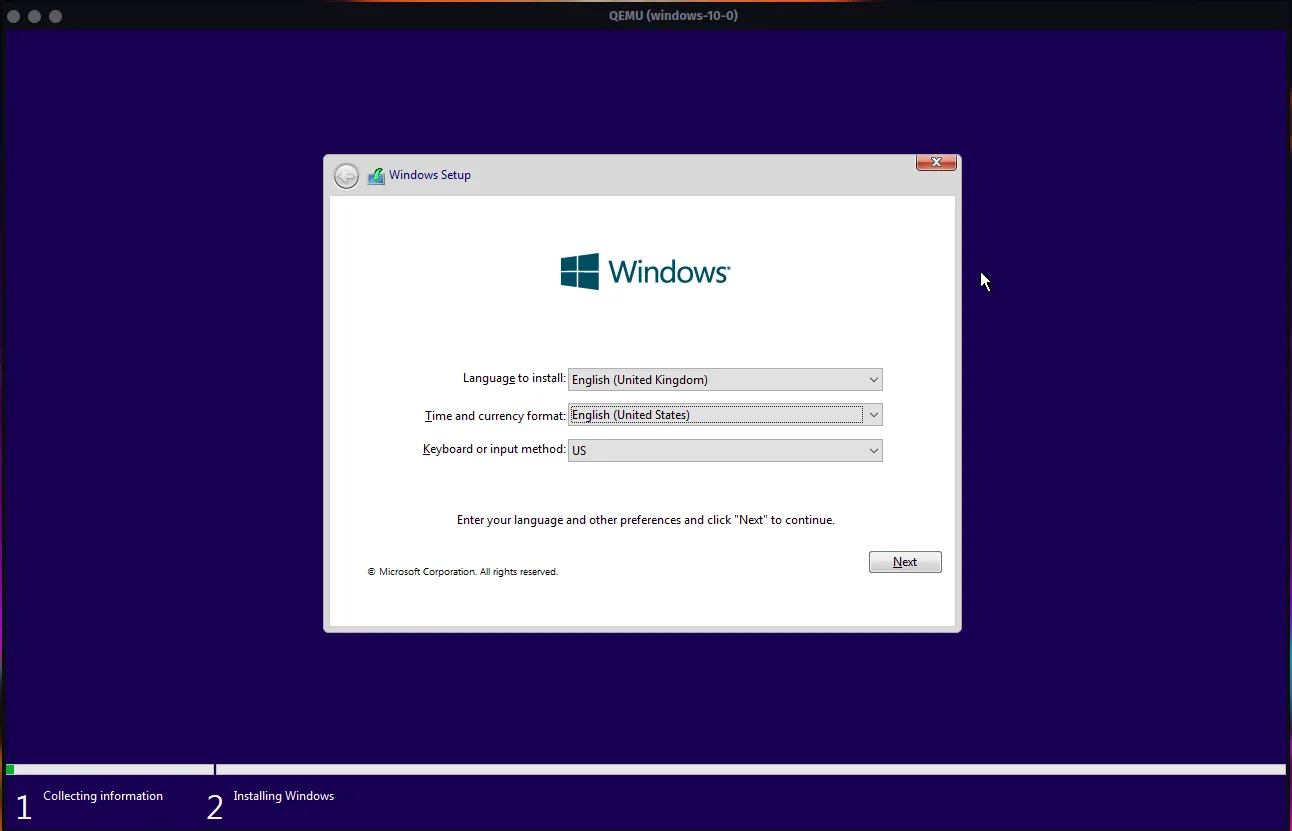 Màn hình cài đặt Windows 10 hiển thị bên trong cửa sổ ứng dụng QEMU, minh họa quá trình khởi tạo máy ảo được Quickemu tự động hóa