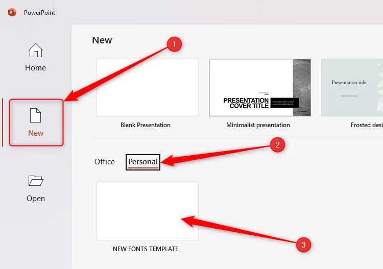 Màn hình chào mừng của PowerPoint hiển thị mẫu trình bày cá nhân đã lưu trong tab Cá nhân (Personal).