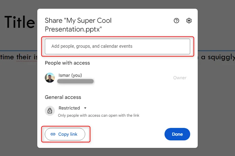 Màn hình chia sẻ file trong Google Slides, cho phép thêm người hoặc tạo liên kết