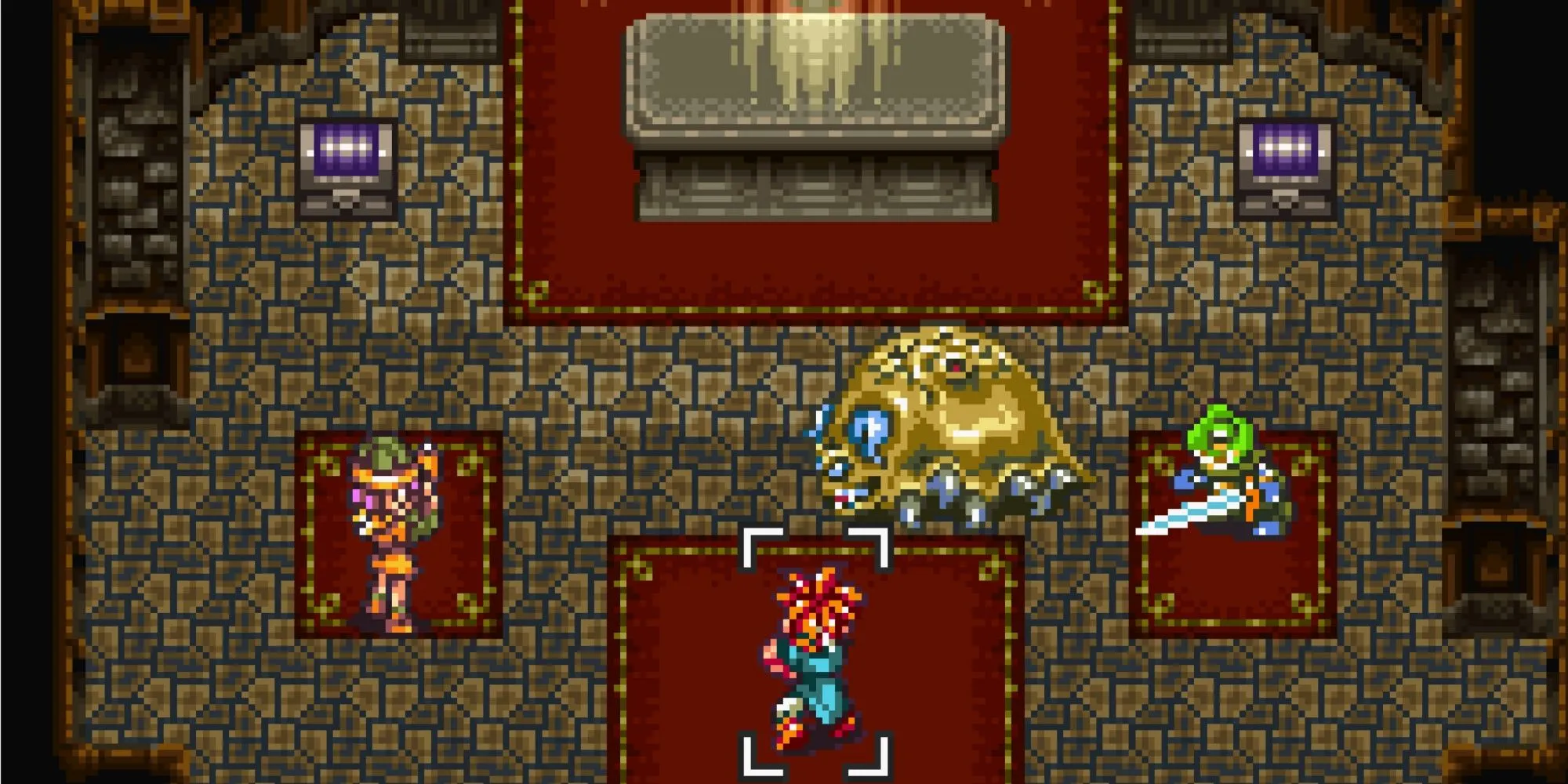Màn hình chiến đấu với trùm trong game JRPG kinh điển Chrono Trigger, với nhiều menu và tùy chọn.