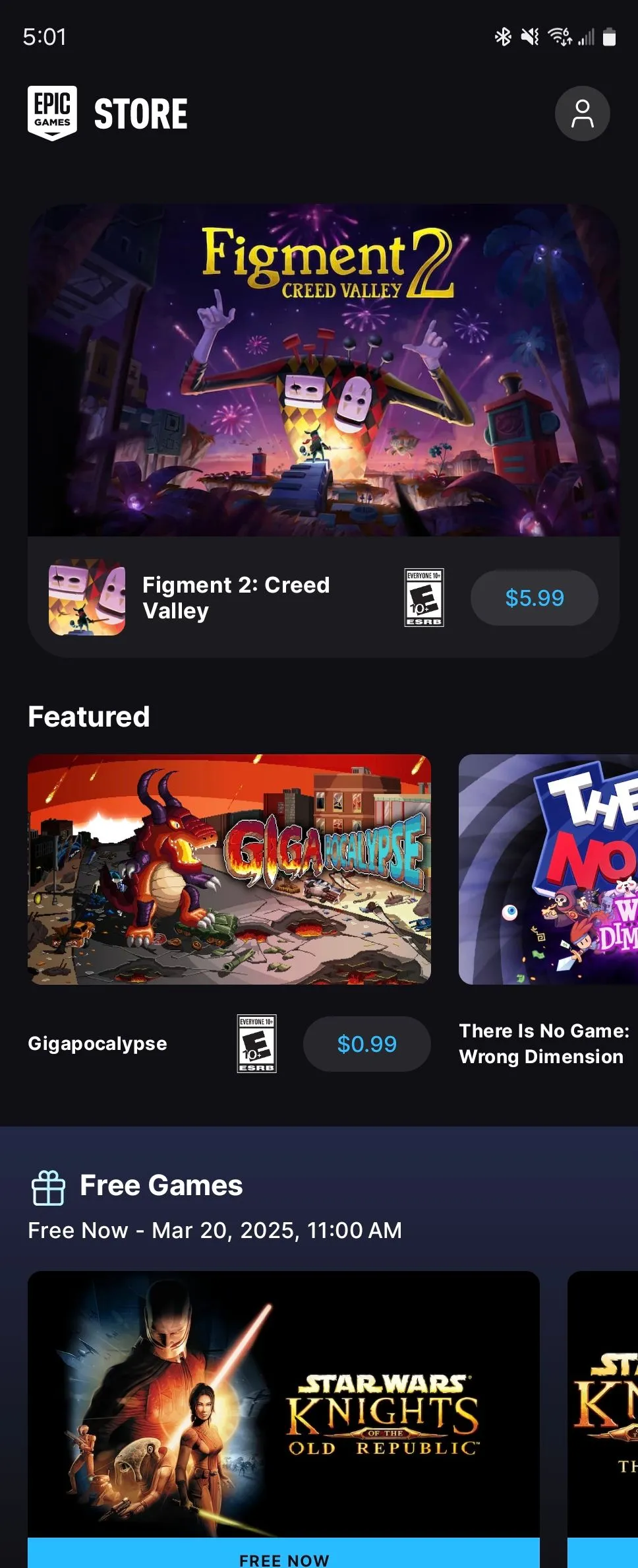 Màn hình chính của Epic Games Store trên thiết bị Android với giao diện đơn giản.