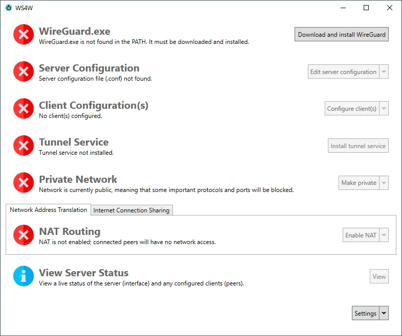 Màn hình chính của Wg Server for Windows, công cụ thiết lập Wireguard VPN