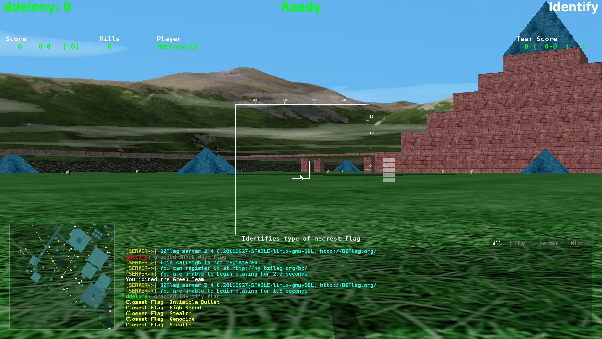 Màn hình chơi game BZFlag với đồ họa 3D đa giác, hiển thị trận chiến xe tăng trong game multiplayer trên hệ thống Unix và Linux.