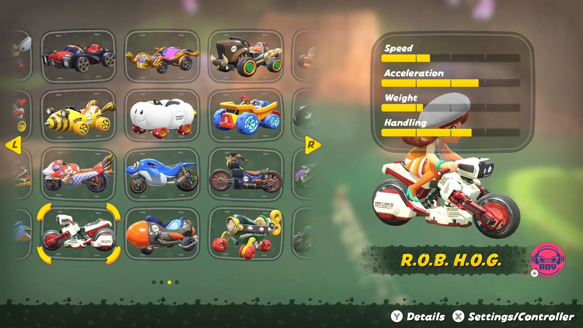 Màn hình chọn nhân vật và xe trong Mario Kart World, hiển thị các chỉ số tốc độ và tăng tốc.
