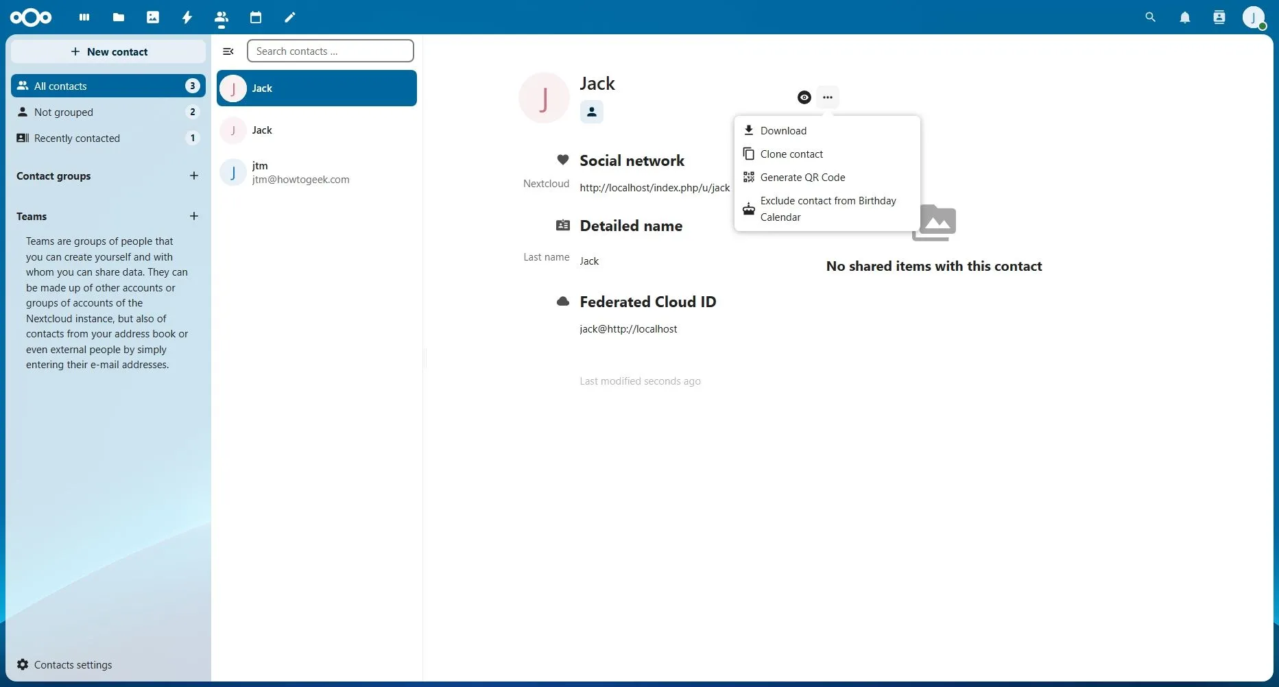 Màn hình danh bạ cá nhân trong Nextcloud Contacts