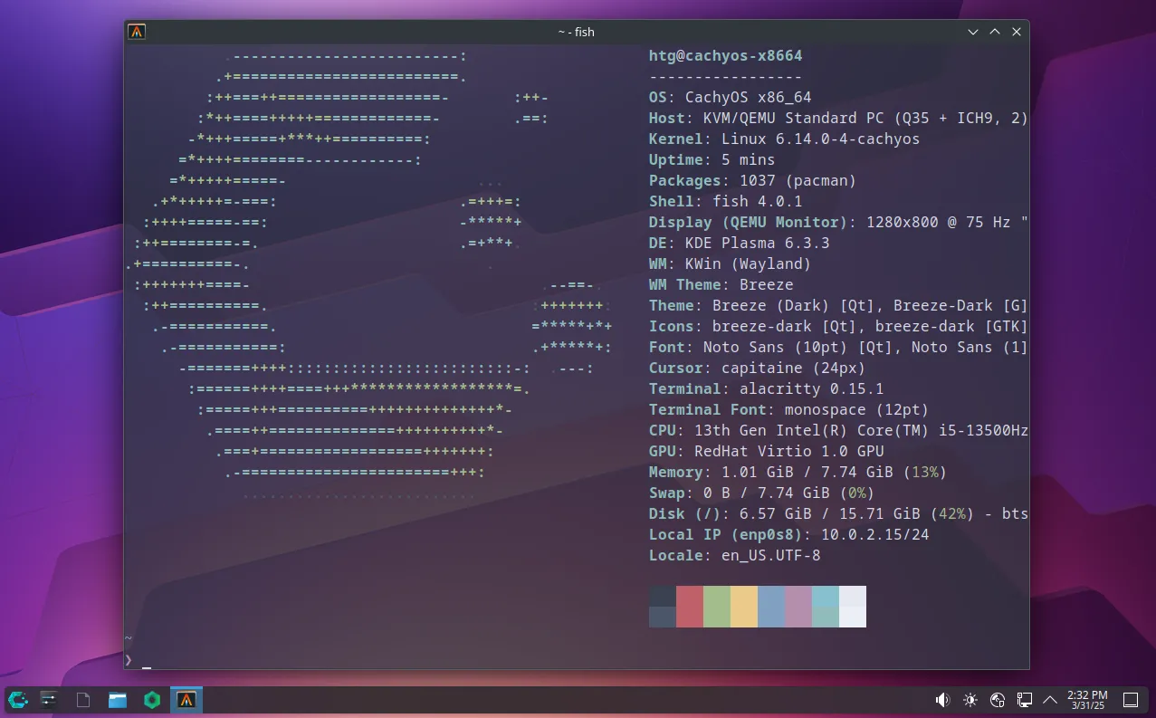 Màn hình desktop CachyOS với KDE Plasma và cửa sổ terminal Alacritty đang mở