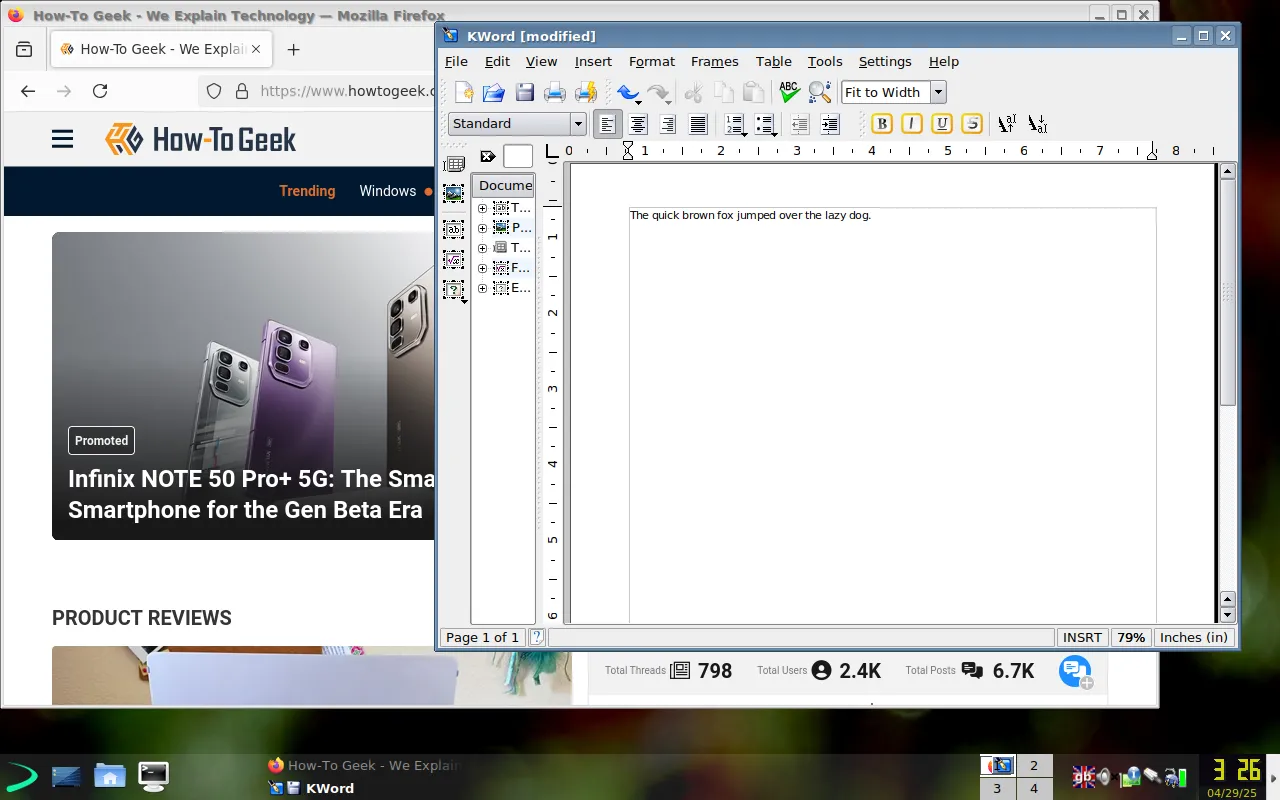 Màn hình desktop của EXE với trình duyệt Firefox và ứng dụng văn bản KWord đang chạy