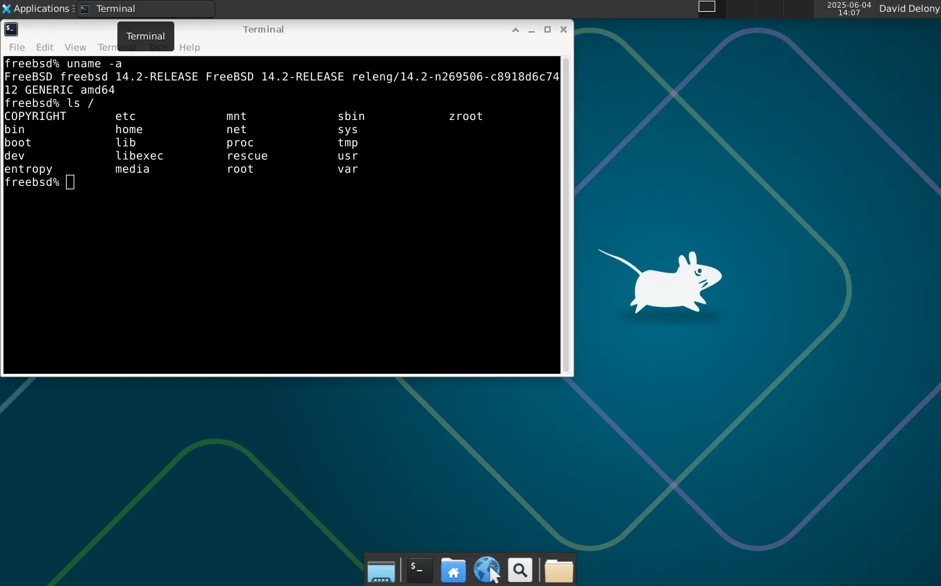 Màn hình desktop FreeBSD Xfce với cửa sổ terminal đang mở