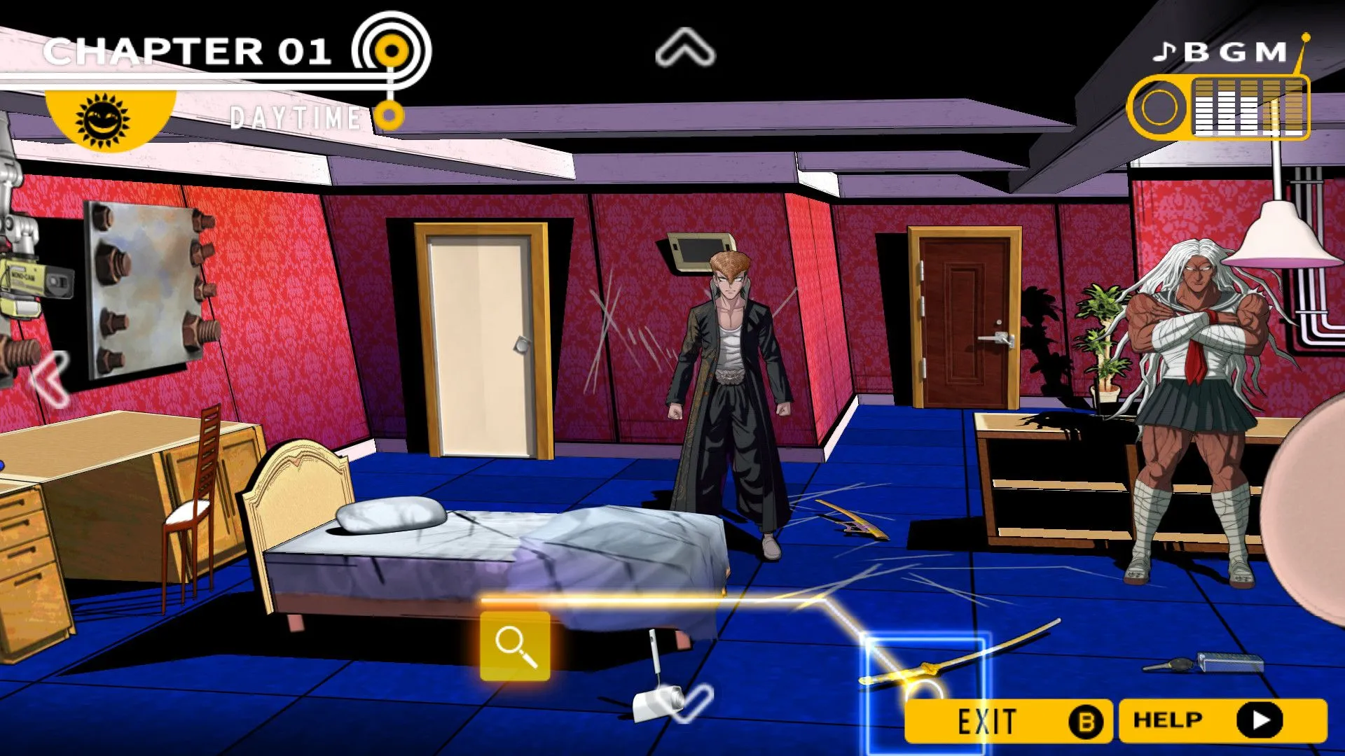 Màn hình điển hình của Visual Novel Danganronpa, minh họa gameplay tập trung vào đọc thoại và điều hướng menu.