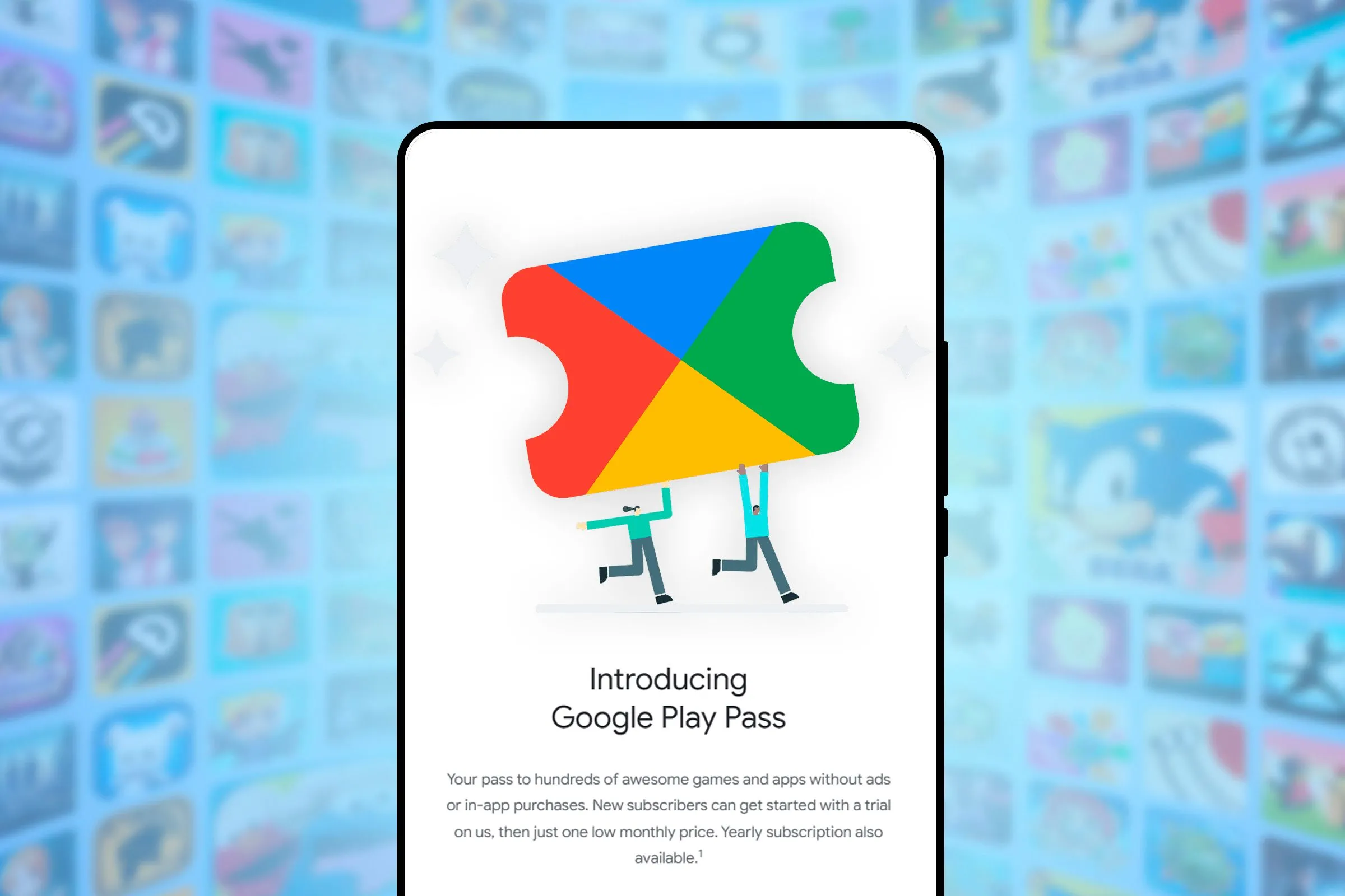 Màn hình điện thoại hiển thị giao diện Google Play Pass với các trò chơi nổi bật, minh họa dịch vụ đăng ký game di động tiện lợi.