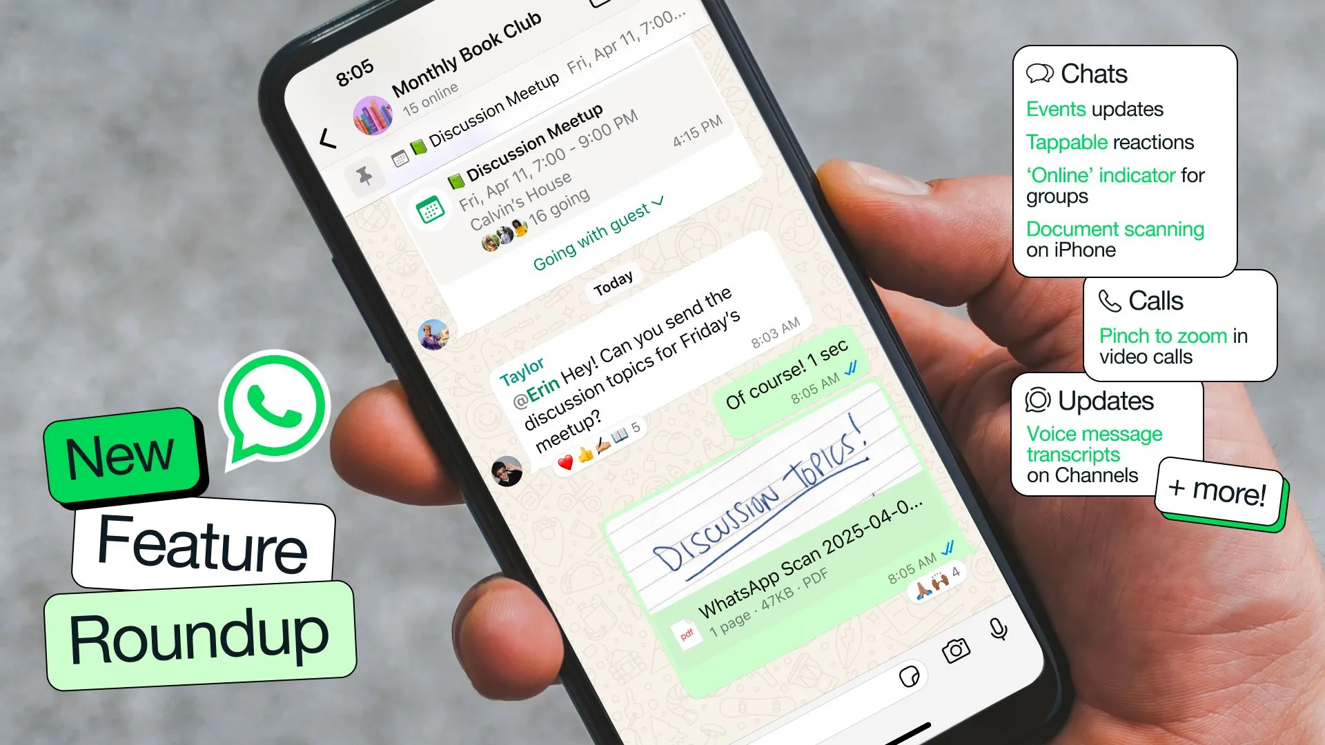 Màn hình điện thoại hiển thị ứng dụng WhatsApp với nhiều bong bóng tin nhắn, minh họa cho 12 tính năng mới được cập nhật.