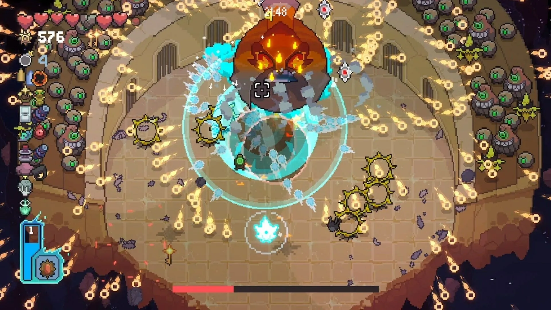 Màn hình game Asterogues, một game bullet hell roguelike phổ biến trên Steam, minh họa gameplay đòi hỏi né tránh liên tục.