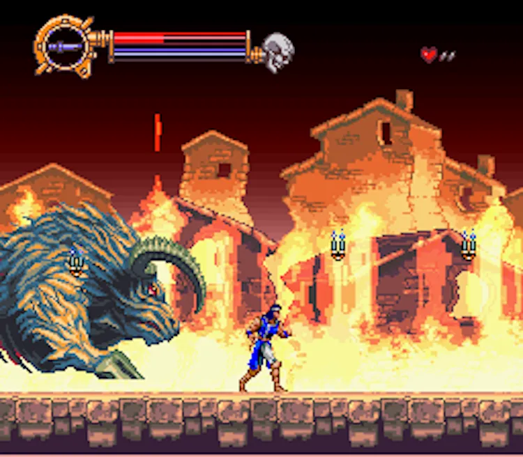 Màn hình gameplay Castlevania X với nhân vật đang chiến đấu với quái vật lớn, thể hiện yếu tố combat trong game Metroidvania 2D.