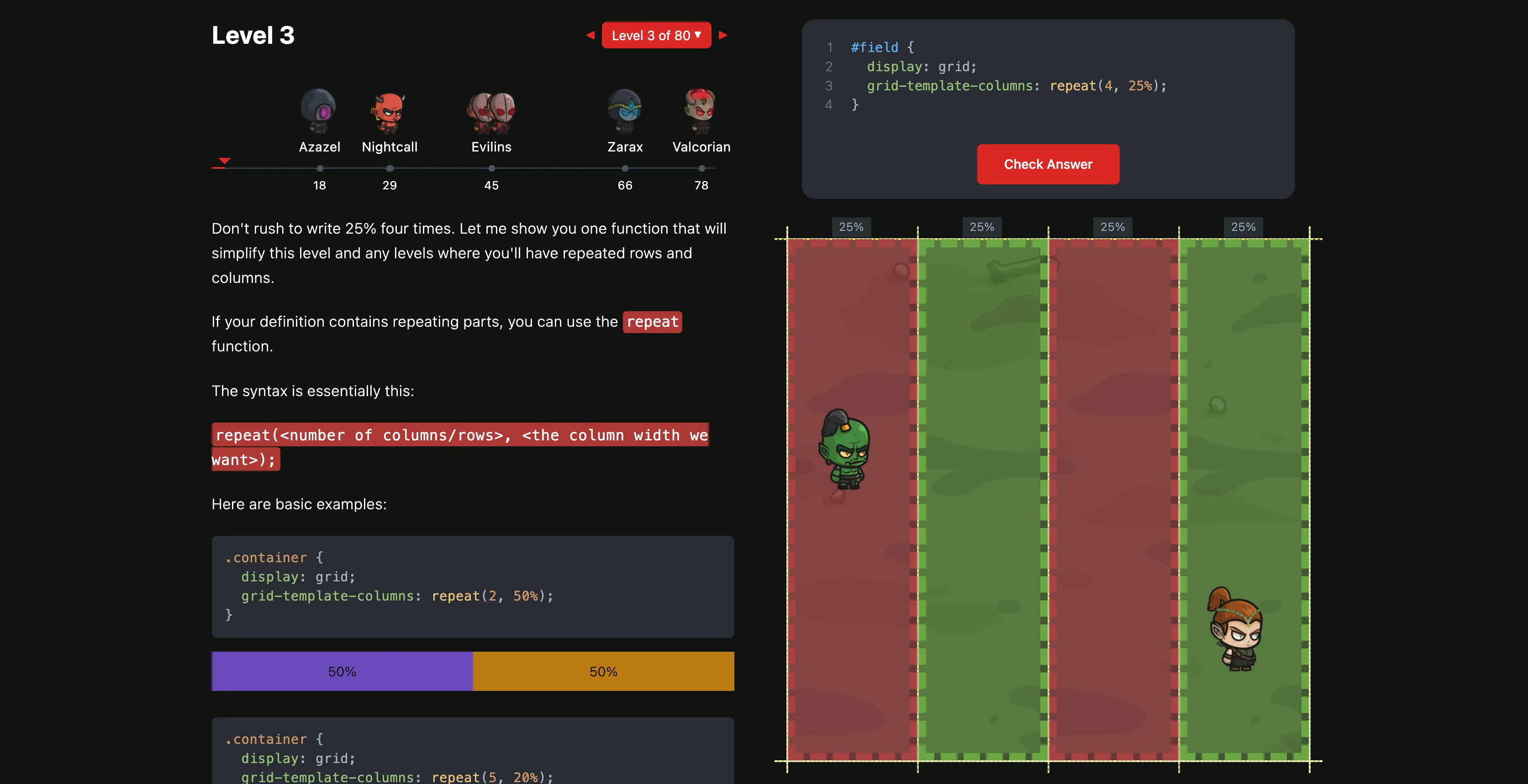 Màn hình gameplay của Grid Attack từ Coding Fantasy, hiển thị nhân vật anh hùng đối đầu với quái vật và hướng dẫn dùng CSS để điều khiển.
