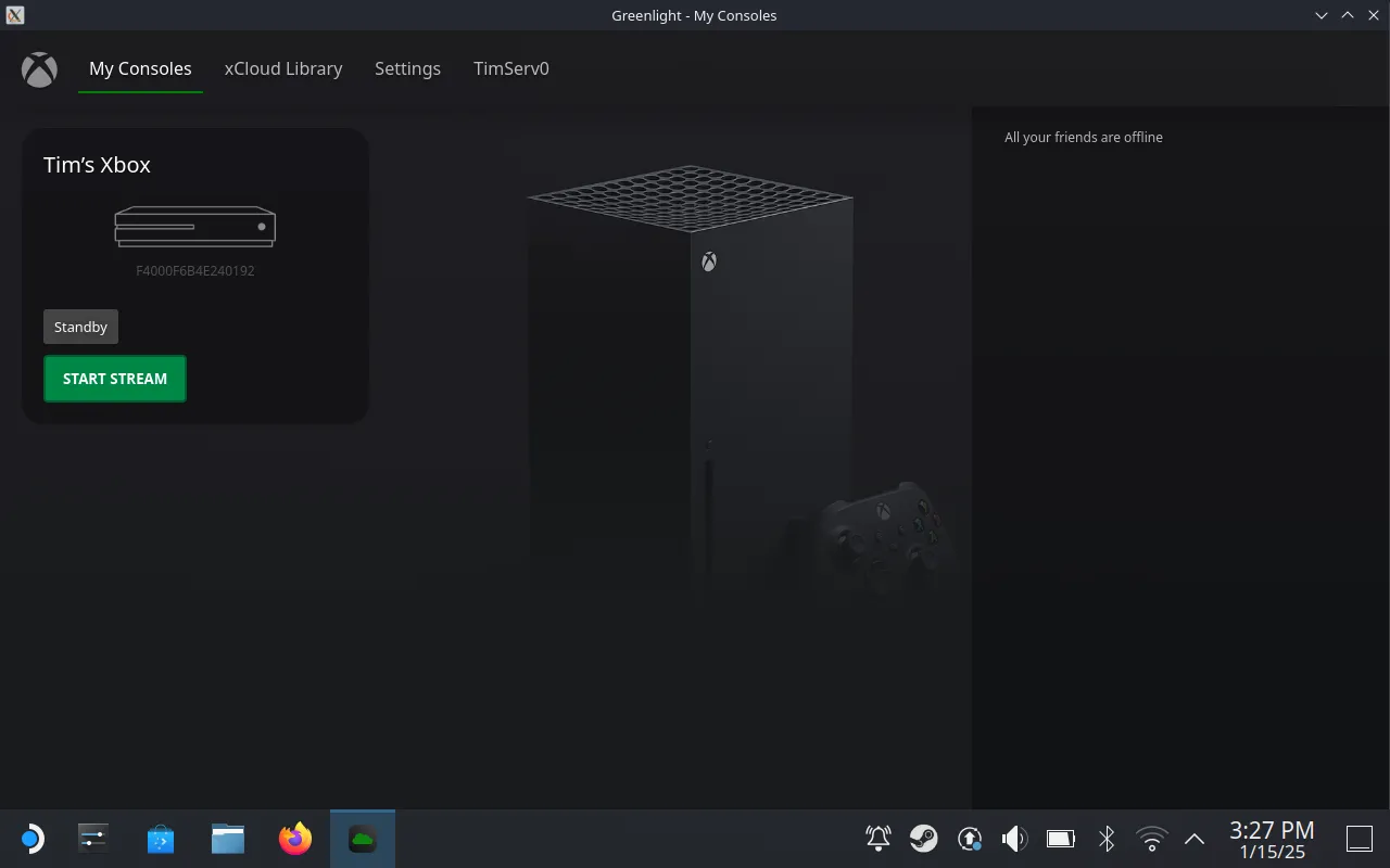 Màn hình Greenlight hiển thị danh sách console và thư viện xCloud sau khi đăng nhập tài khoản Xbox