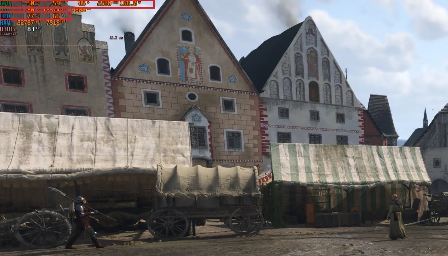 Màn hình hiển thị các chỉ số hiệu suất trong game Kingdom Come: Deliverance 2, cho thấy GPU bị nghẽn bởi CPU với mức sử dụng GPU thấp.