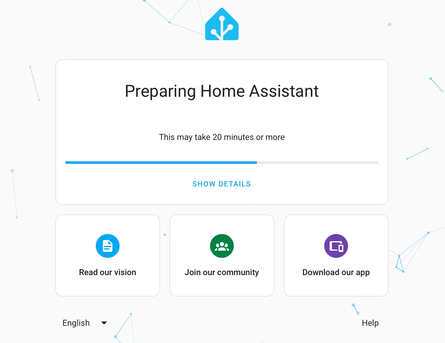 Màn hình &quot;Home Assistant is getting ready&quot; khi truy cập lần đầu, cho thấy quá trình thiết lập đang diễn ra.