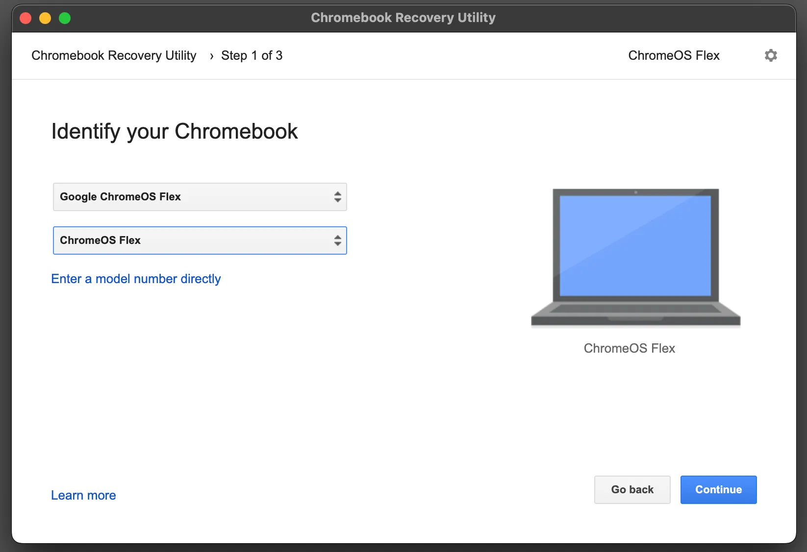 Màn hình &quot;Identify Your Chromebook&quot; trong quá trình tạo USB boot ChromeOS Flex, nơi người dùng chọn model &quot;ChromeOS Flex&quot;.