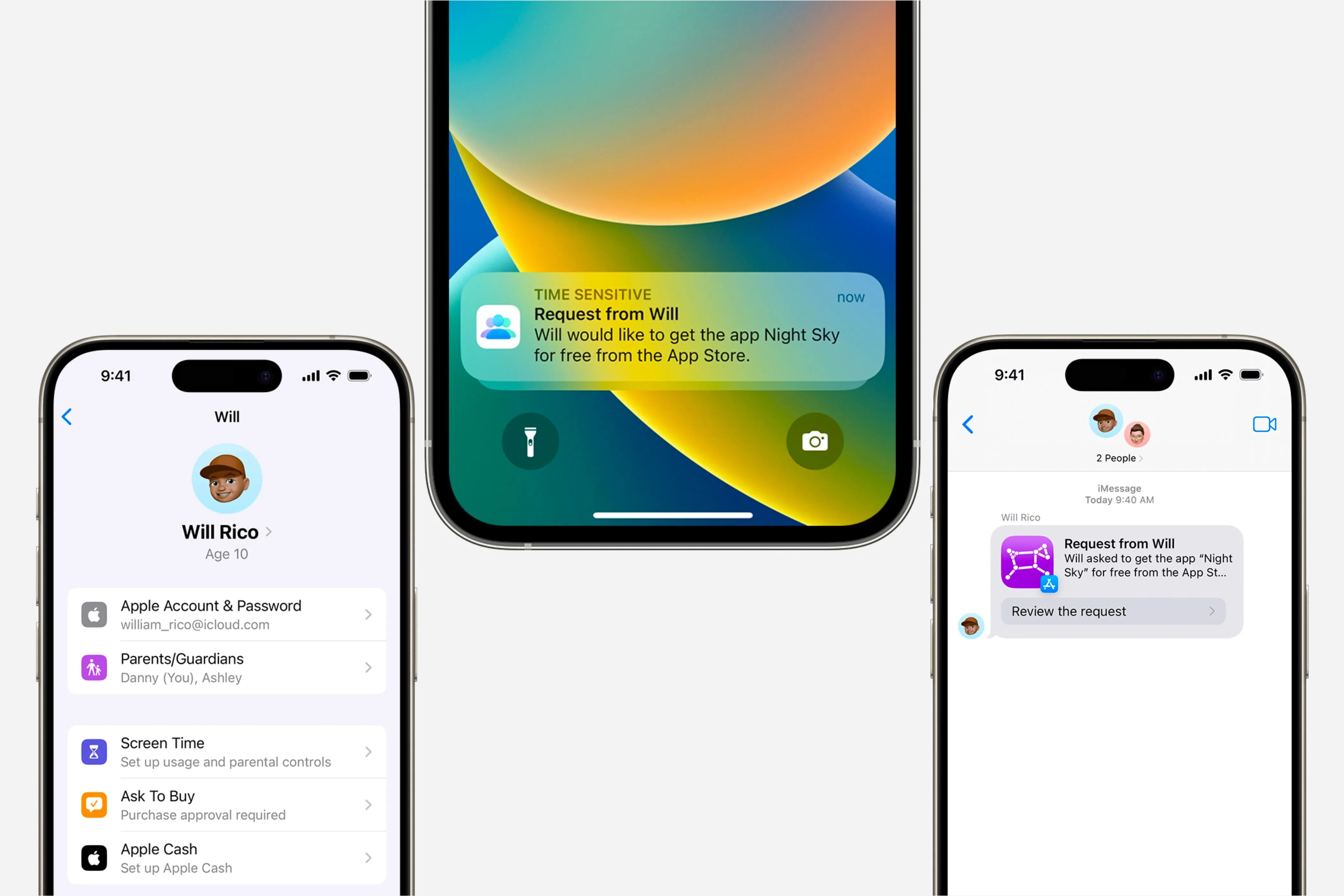 Màn hình iPhone hiển thị thông báo và cài đặt &quot;Hỏi để mua&quot; (Ask to Buy) trong Family Sharing.