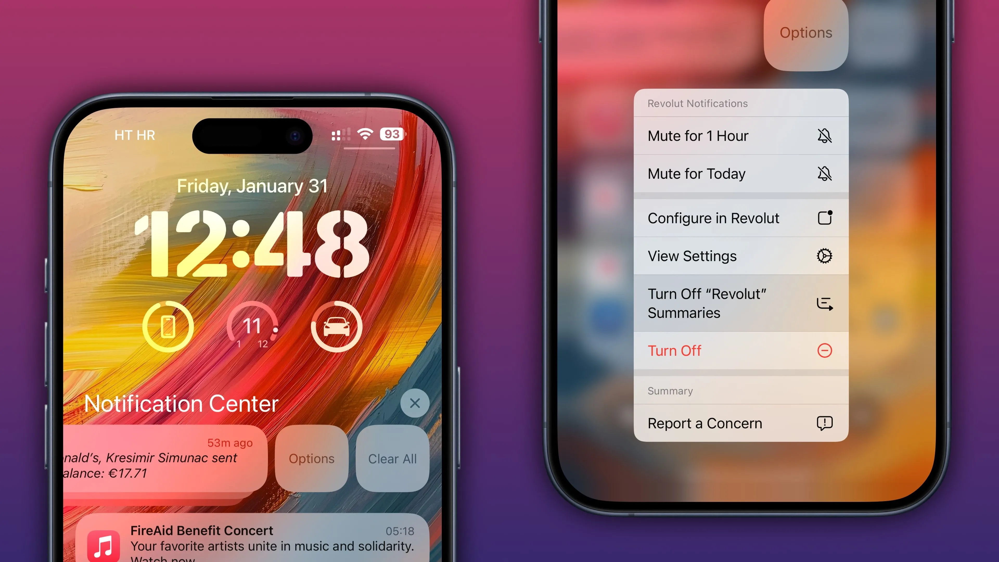 Màn hình khóa iPhone hiển thị tùy chọn tắt tóm tắt thông báo AI cho ứng dụng Revolut, giúp người dùng dễ dàng kiểm soát các thông báo được AI tổng hợp.