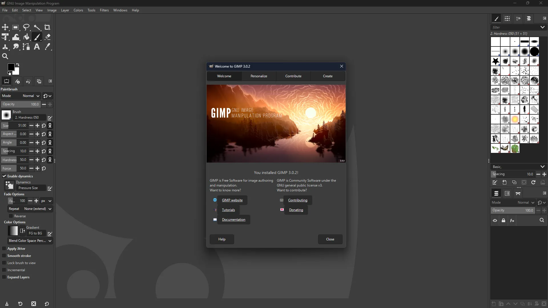 Màn hình khởi động GIMP trên Windows hiển thị các tùy chọn menu lần đầu chạy