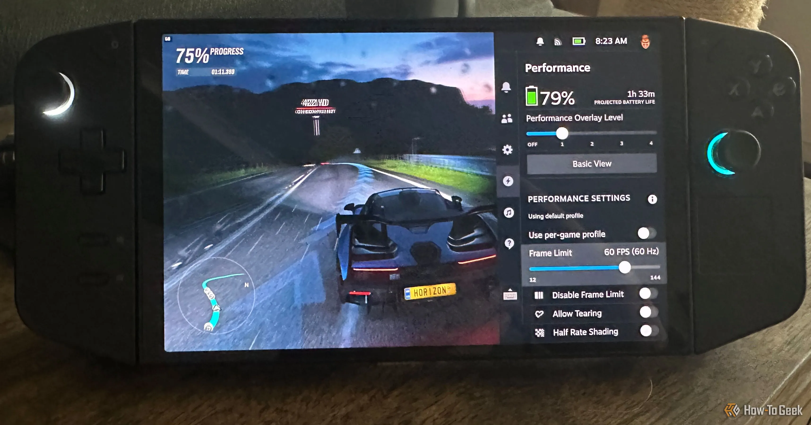 Màn hình Lenovo Legion Go hiển thị giao diện SteamOS và thời lượng pin còn lại, minh họa khả năng chơi game lâu hơn