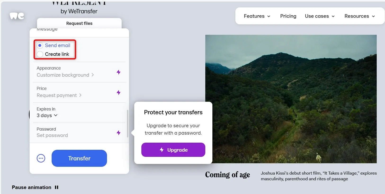 Màn hình lựa chọn gửi file dung lượng lớn qua email hoặc tạo liên kết tải về trên WeTransfer.