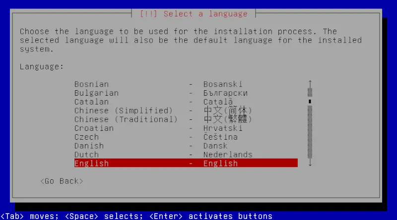 Màn hình lựa chọn ngôn ngữ cài đặt của Debian GNU/Hurd