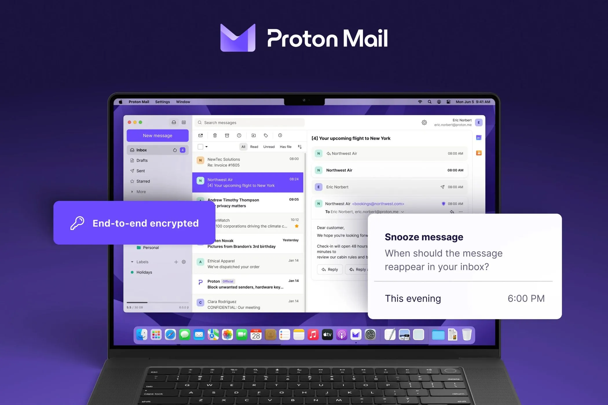 Màn hình máy tính hiển thị giao diện của dịch vụ email bảo mật Proton Mail
