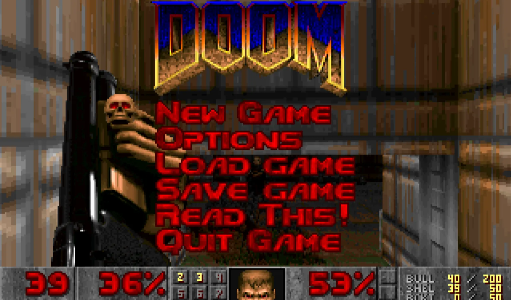 Màn hình menu chính của trò chơi Doom, biểu tượng của thể loại game bắn súng góc nhìn thứ nhất (FPS) trên nền tảng PC và Linux.