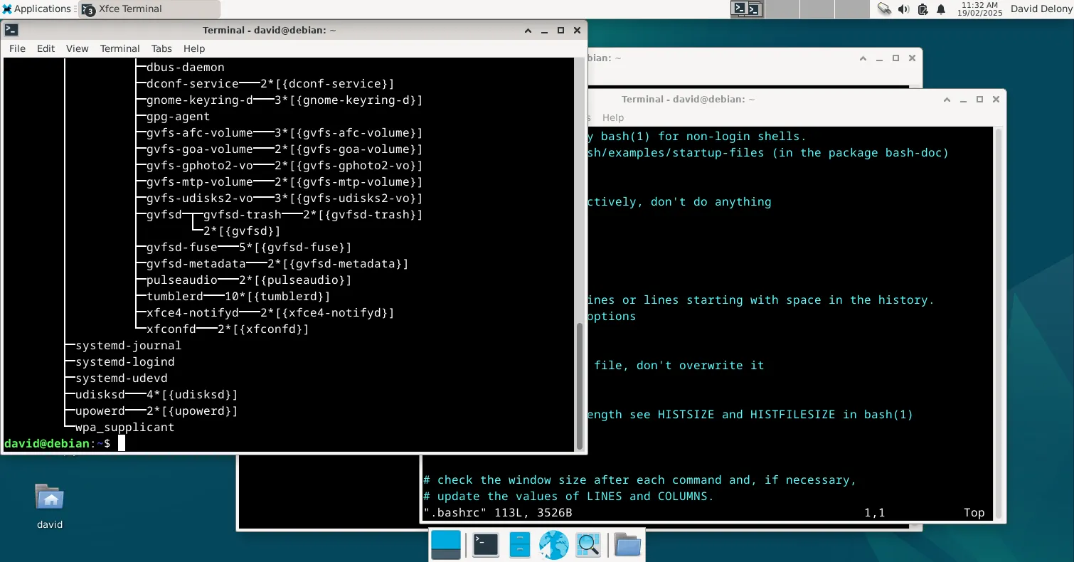 Màn hình môi trường Debian Xfce với nhiều cửa sổ terminal emulator đang mở, cho thấy sự phát triển của các thiết bị đầu cuối trên máy tính cá nhân.