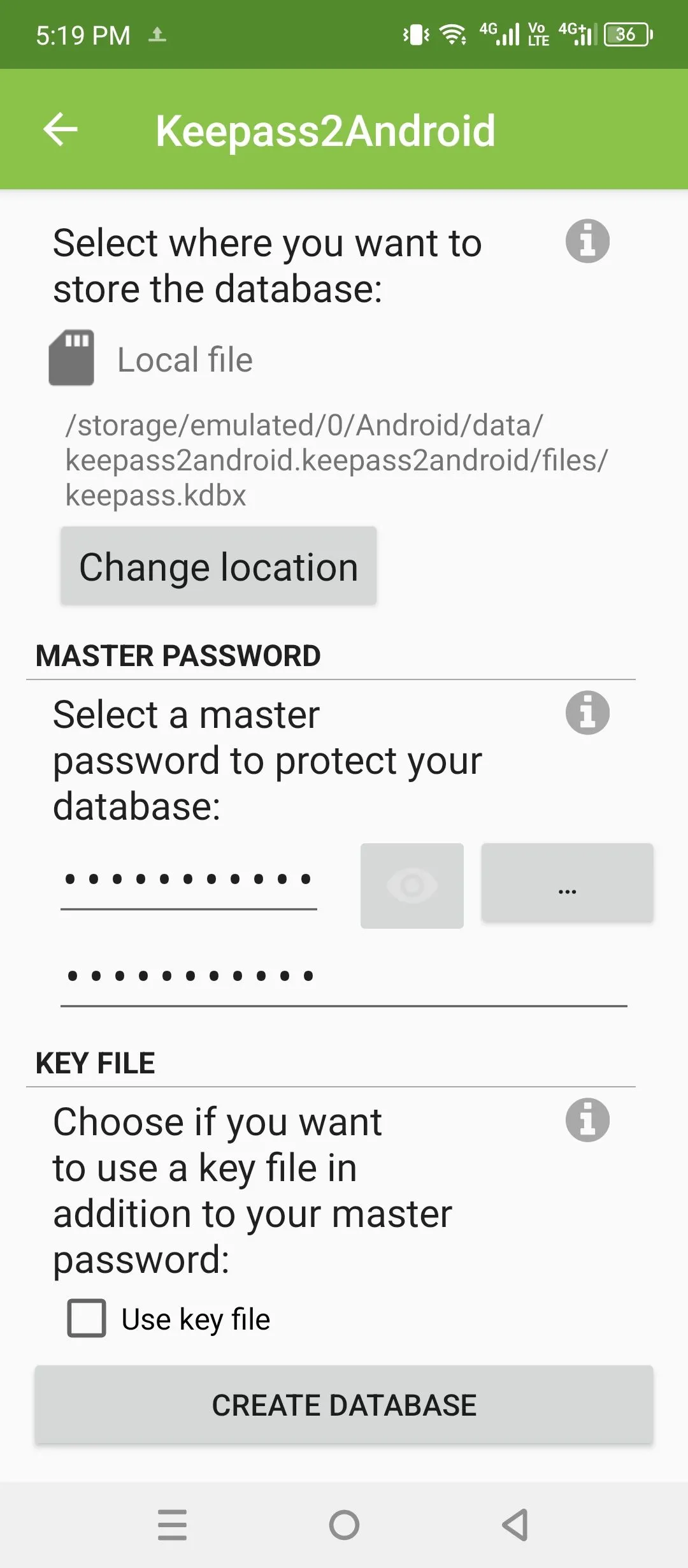 Màn hình tạo kho lưu trữ (vault) mới trong ứng dụng KeePass2Android, hiển thị tùy chọn mật khẩu chính.