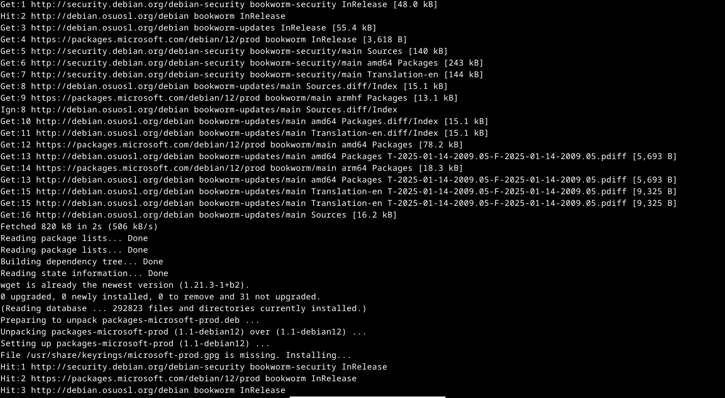Màn hình terminal Debian hiển thị các bước của quá trình cài đặt PowerShell thành công.