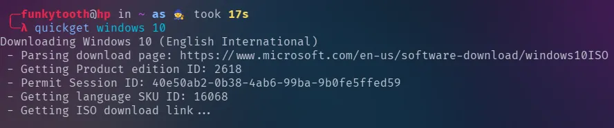 Màn hình terminal Linux hiển thị quá trình sử dụng lệnh quickget windows 10 để tải ảnh ISO Windows 10, minh họa cách Quickemu đơn giản hóa việc chuẩn bị máy ảo