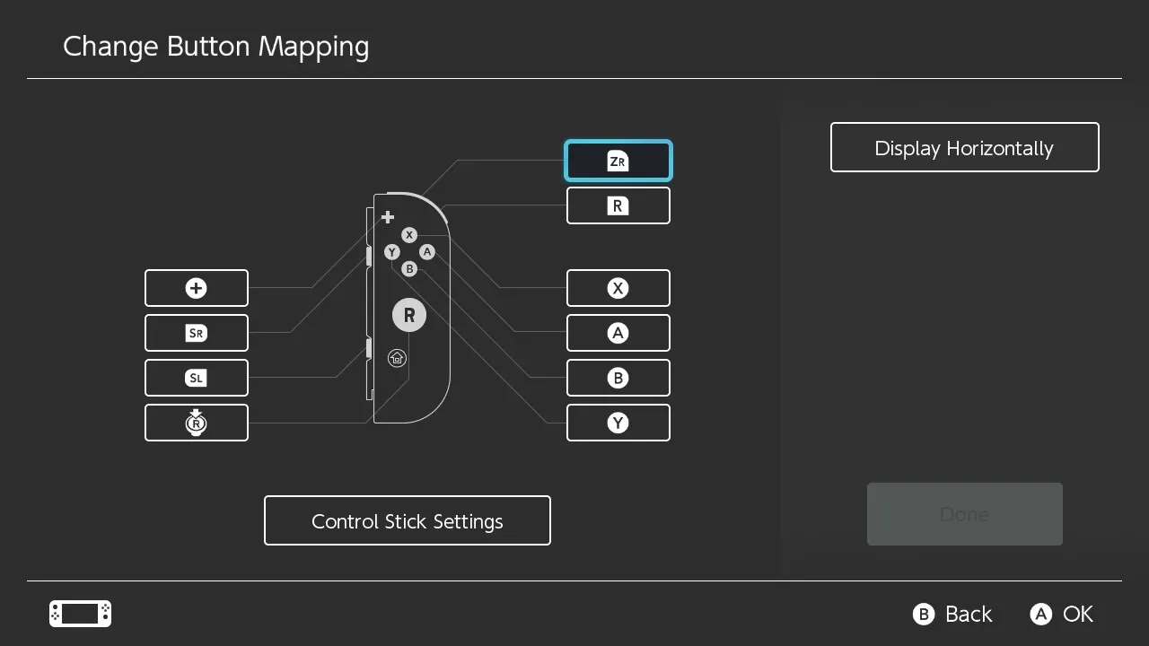 Màn hình &quot;Thay đổi Gán nút&quot; trên Nintendo Switch