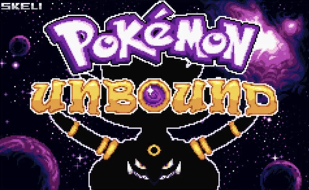 Màn hình tiêu đề của Pokémon Unbound ROM hack, giới thiệu thế giới Borrius hoàn toàn mới.