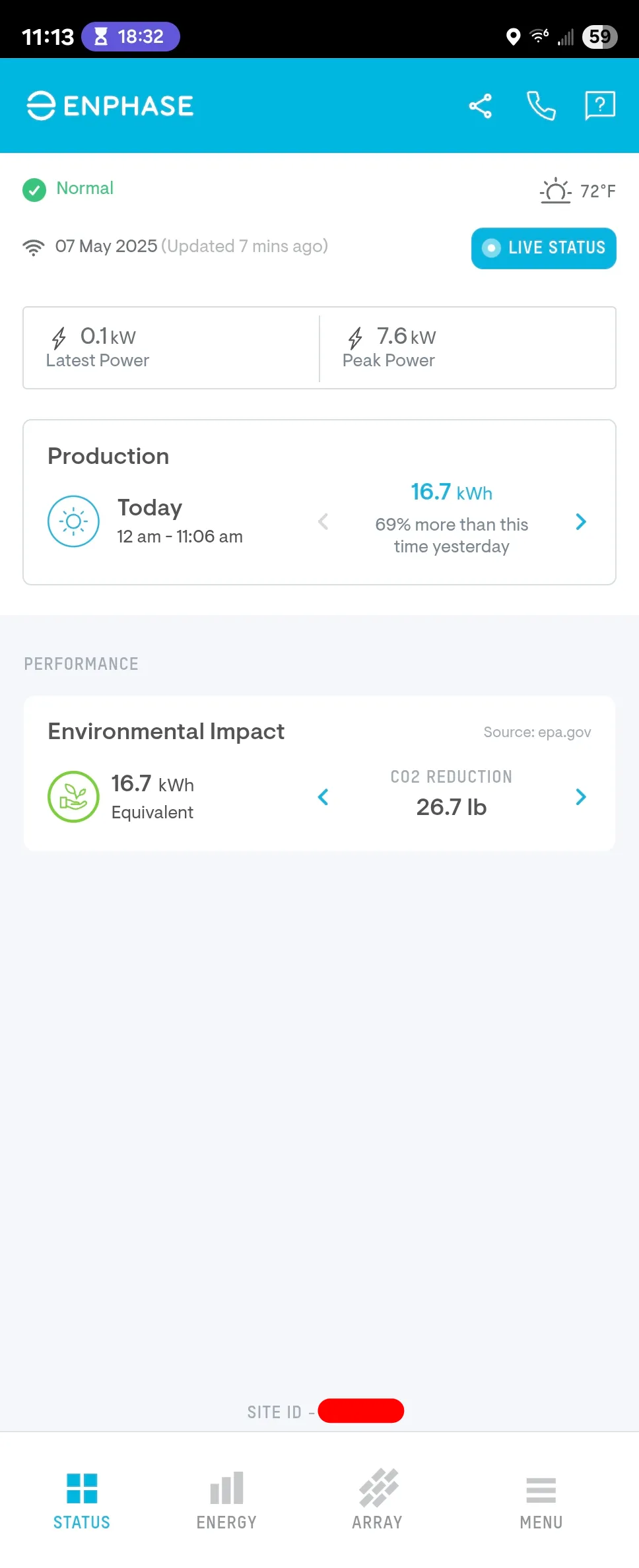 Màn hình trạng thái chính của ứng dụng Enphase Enlighten trên điện thoại Android