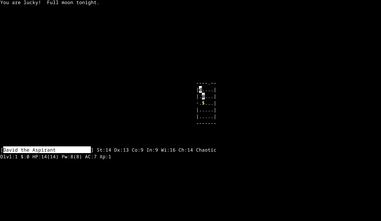 Màn hình trò chơi NetHack đang chạy trong cửa sổ terminal của Linux, với đồ họa ký tự đặc trưng của dòng game roguelike.